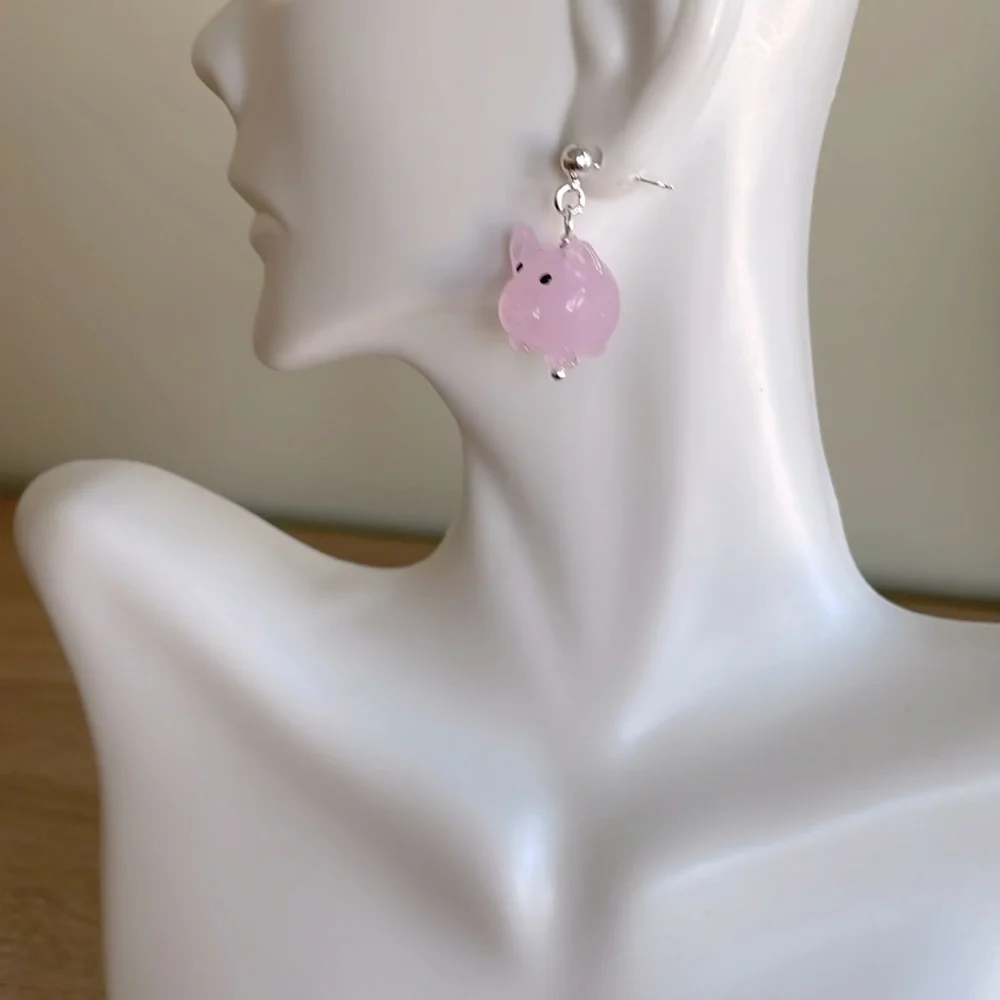 HAND CRAFTED PINK PIGLET EARRINGS Glass Pink Sterling Silver Posts Whimsical